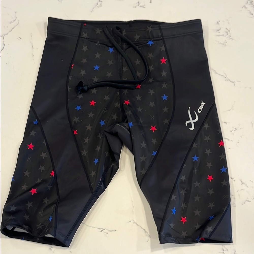 CW-X Men's Black Compression Shorts with Red & Blue Star Accents - Picture 1 of 10